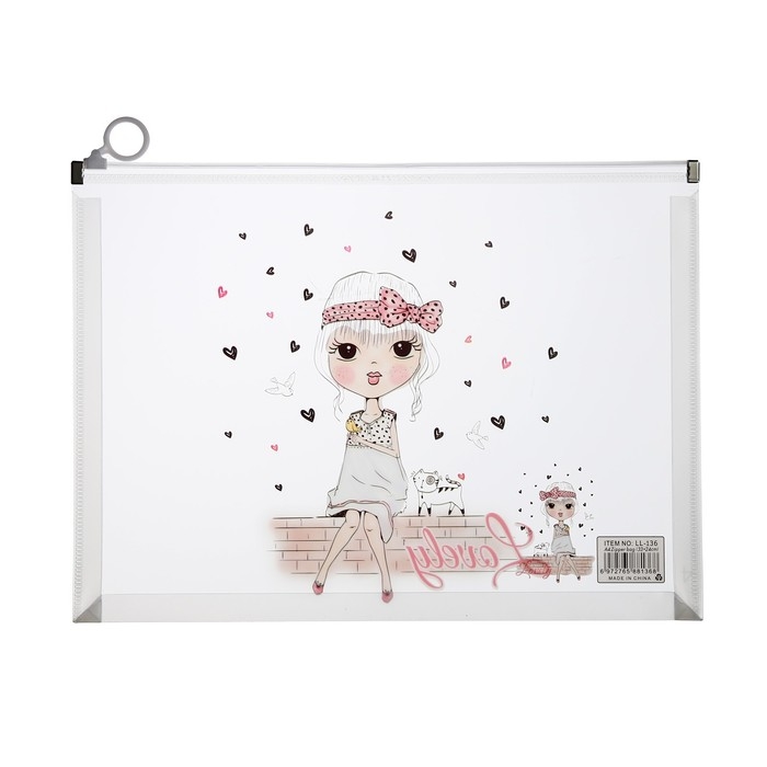 Папка-конверт на молнии формат А4, 180 мкр, прозрачная с рисунком Папка-конверт на молнии формат А4, 180 мкр, прозрачная с рисунком "Девочки", МИКС