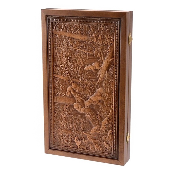 Нарды деревянные большие, резные  Нарды деревянные большие, резные "Мишки в лесу", доска из массива бука, патина, 50 х 58 см