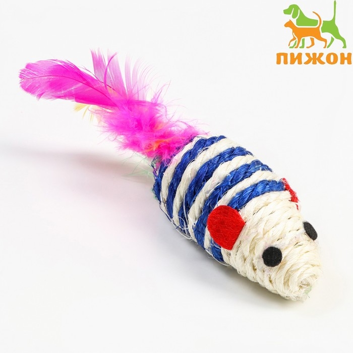 Мышь-погремушка сизалевая, 7 см, синяя/белая Мышь-погремушка сизалевая, 7 см, синяя/белая