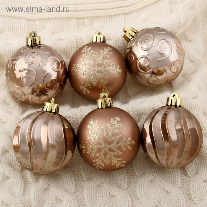 Набор шаров пластик d-6 см, 9 шт Набор шаров пластик d-6 см, 9 шт "Марокко снежинки" коричневый