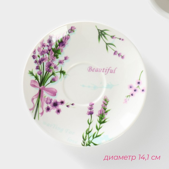 Чайная пара фарфоровая Доляна «Лаванда», 2 предмета: чашка 220 мл, блюдце d=14,1 см, цвет белый Чайная пара фарфоровая Доляна «Лаванда», 2 предмета: чашка 220 мл, блюдце d=14,1 см, цвет белый