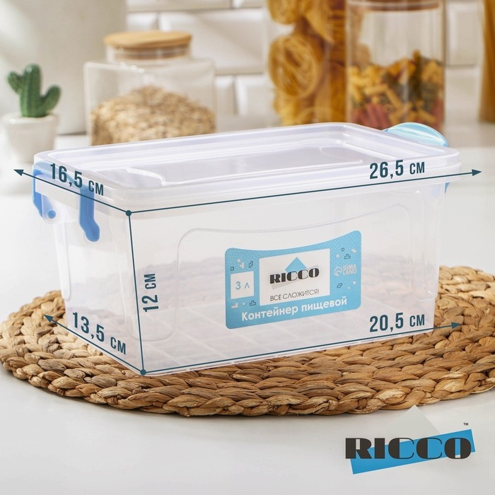 Контейнер пищевой RICCO, 3 л, 28×16×12 см, прямоугольный, прозрачный