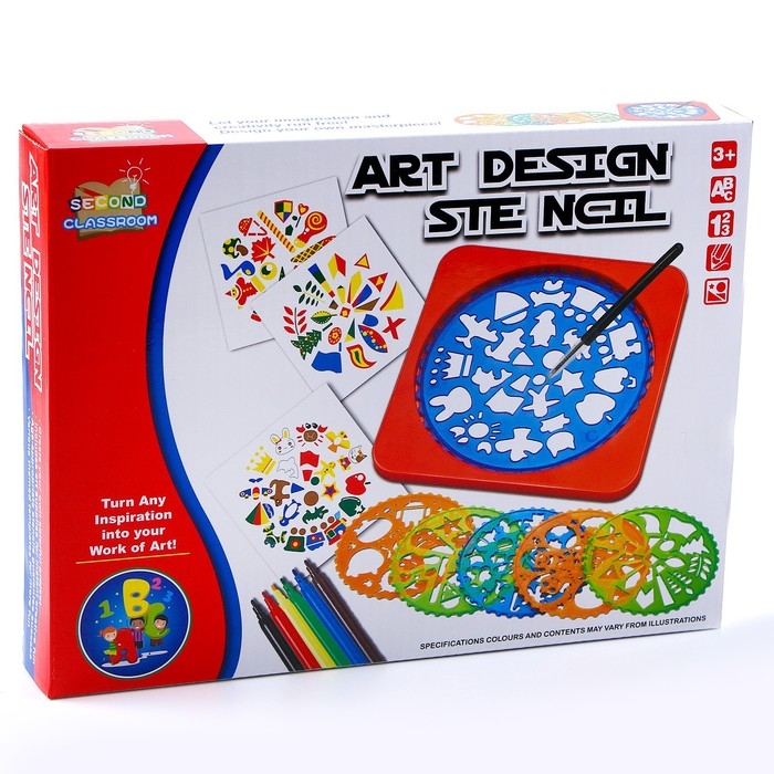 Трафареты «Фантазия», набор 6 шт., 6 шт. фломастеров, ручка, бумага Трафареты «Фантазия», набор 6 шт., 6 шт. фломастеров, ручка, бумага