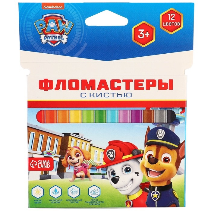 Фломастеры с кистью, 12 цветов, Щенячий патруль Фломастеры с кистью, 12 цветов, Щенячий патруль