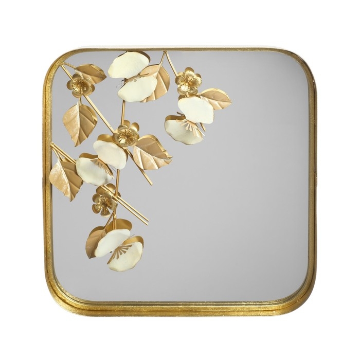 Декор настенный металл с зеркалом  Декор настенный металл с зеркалом "Орхидеи в листьях" 55,2х55,2х8,3 см