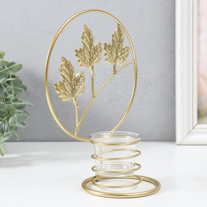 Подсвечник металл на 1 свечу  Подсвечник металл на 1 свечу "Кленовые листья в круге" d=4,5 см золото 16х9,5х21 см