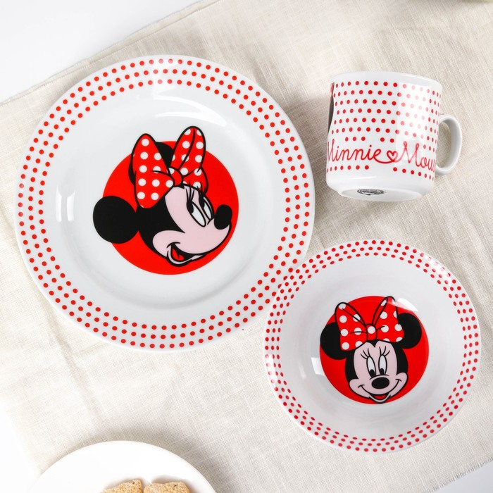 Набор посуды, 3 предмета: тарелка Ø 16,5 см, миска Ø 14 см, кружка 250 мл, Набор посуды, 3 предмета: тарелка Ø 16,5 см, миска Ø 14 см, кружка 250 мл, "Минни", Минни Маус