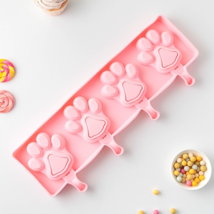 Форма для мороженого «Лапки», силикон, 26×14 см, 4 ячейки (8,5×8,5 см), цвет МИКС Форма для мороженого «Лапки», силикон, 26×14 см, 4 ячейки (8,5×8,5 см), цвет МИКС