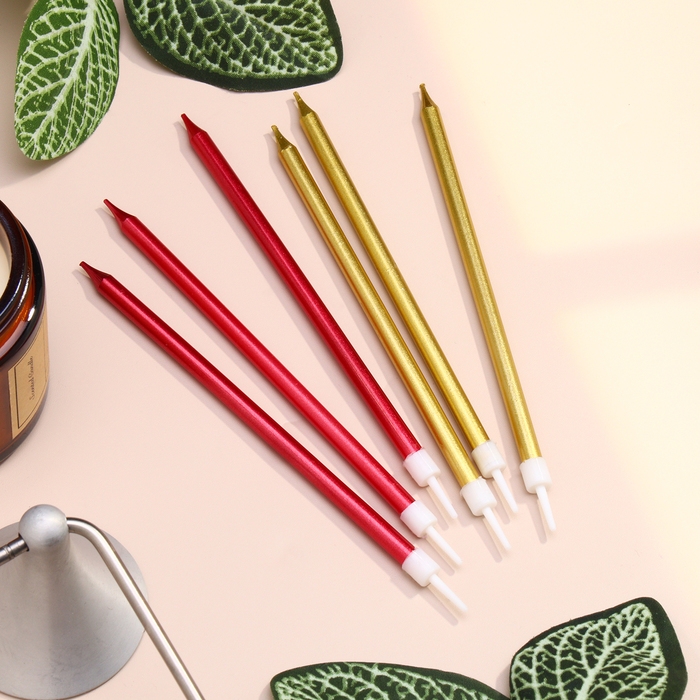 Свечи в торт  Свечи в торт "Ройс", 6 шт, высокие, 13 см, бордовые и золотые