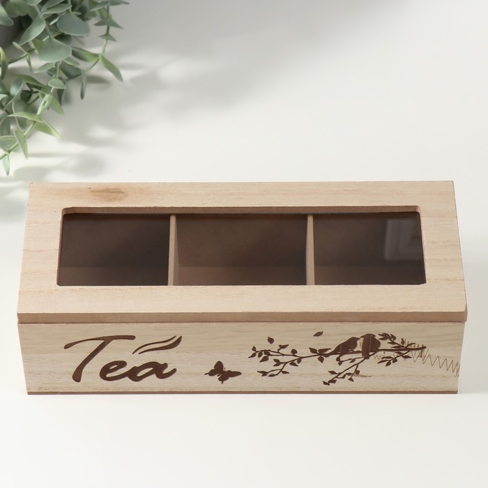 Шкатулка дерево 3 деления  Шкатулка дерево 3 деления "Птицы на ветке" 9,7х24х7 см