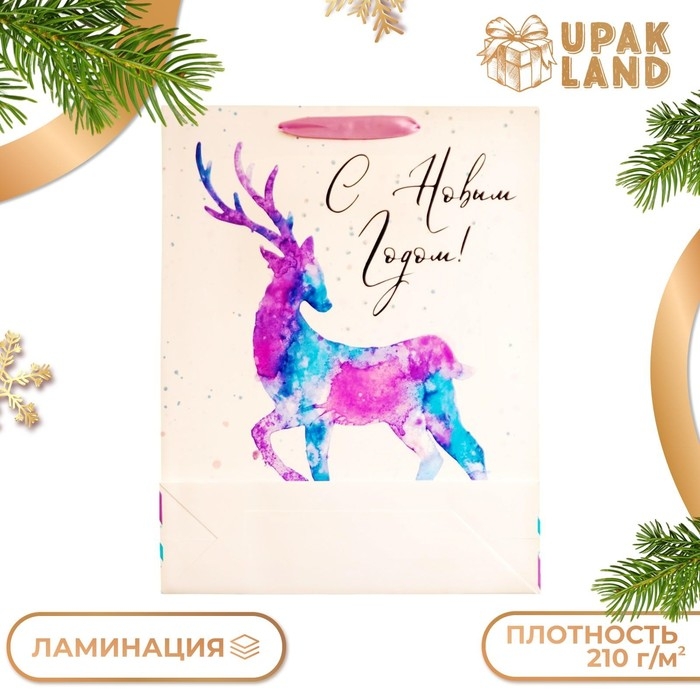 Новый год. Пакет ламинированный вертикальный "Акварельный Олень",33 х 42 х 10 см.