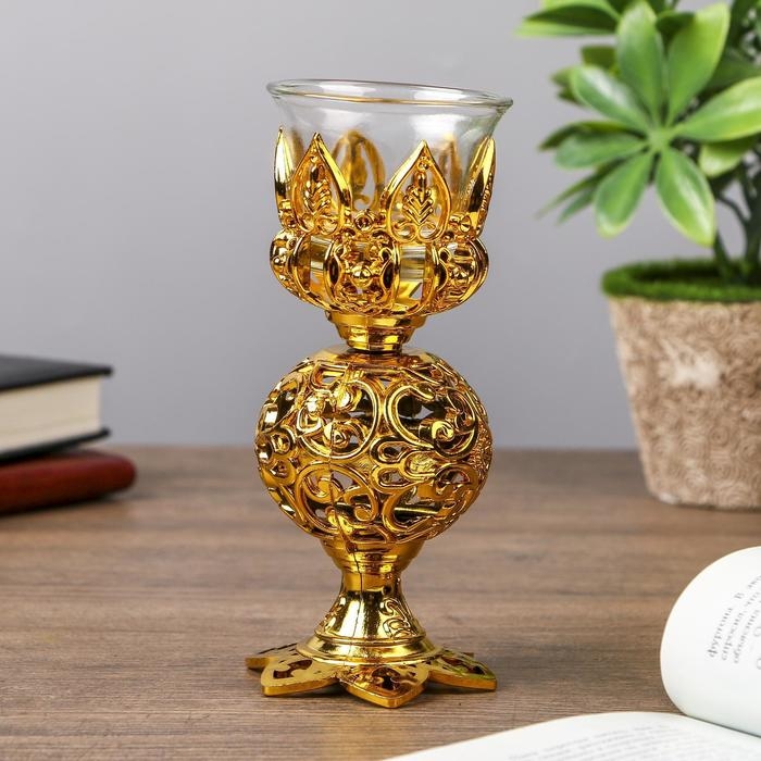 Подсвечник пластик, стекло на 1 свечу  Подсвечник пластик, стекло на 1 свечу "Ажурный шар" бокал на ножке золото 15х6х6 см