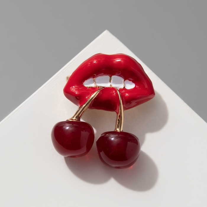 Брошь &laquo;Вишенки&raquo; флирт, цвет красно-белый в золоте