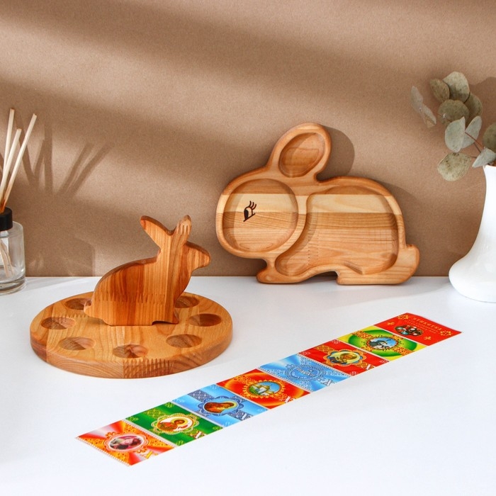 Пасхальный набор Adelica, менажница заяц, подставка для яиц 8 ячеек, d=20×1,8 см, термонаклейки 7 шт, берёза Пасхальный набор Adelica, менажница заяц, подставка для яиц 8 ячеек, d=20×1,8 см, термонаклейки 7 шт, берёза