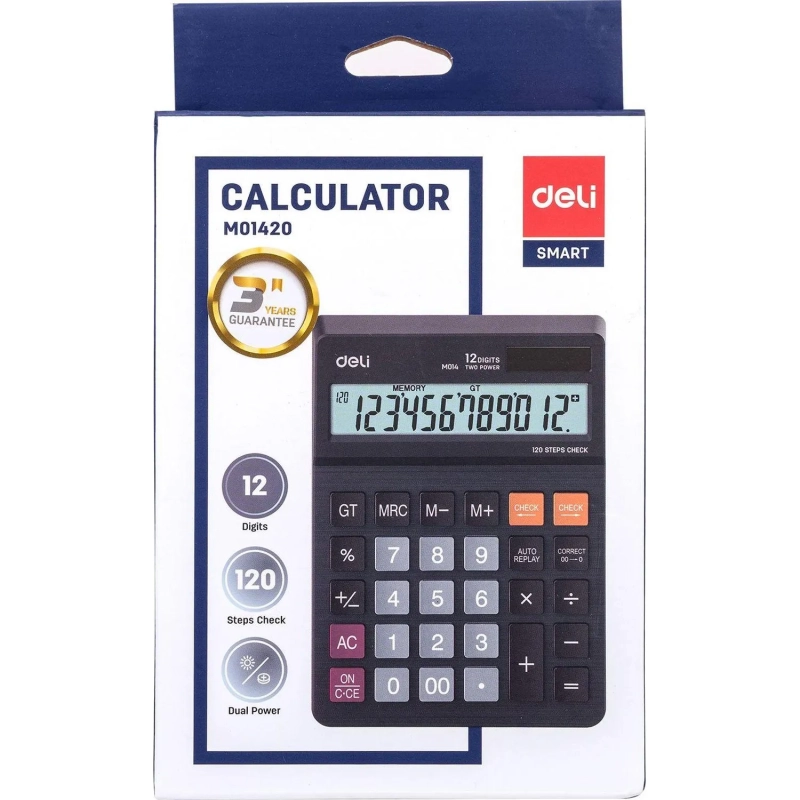 Калькулятор настольный ПОЛНОРАЗМ. Deli EM01420, 12-р,дв.пит, 180х126мм,чер
