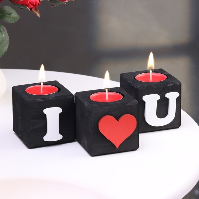 Подсвечник для интерьера  Подсвечник для интерьера "Люблю тебя", цвет: "Эбен", 3 штуки, 6х6х6 см, аромат клубники