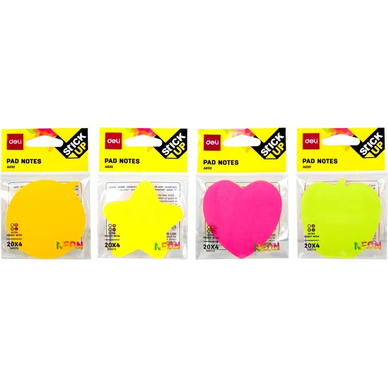 Стикеры с клеевым краем Deli 76х76 мм,20 листов,неон-е,форма в асс-те &nbsp; &nbsp; &nbsp;