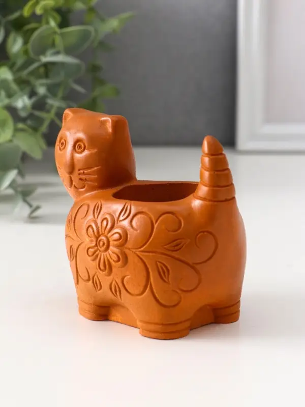 Подсвечник «Кошка с орнаментом», 8.5×9.5×6.5 см, красная глина