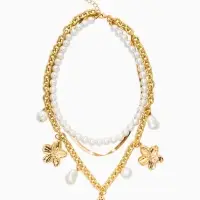 Колье многослойное с подвесками &laquo;Жемчуг с цветами&raquo;, 3 уровня, 34, 36, 40 см, медь, белое в золоте