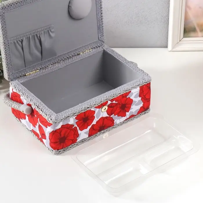 Шкатулка для рукоделия и шитья &laquo;Красные маки на белом&raquo;, хранение ниток, иголок, мелочи, 24&times;16&times;11 см
