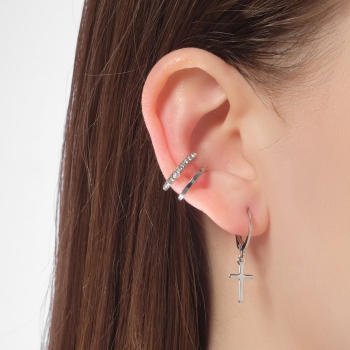 Набор серьги и кафф «Крестики» кольца, цвет белый в серебре