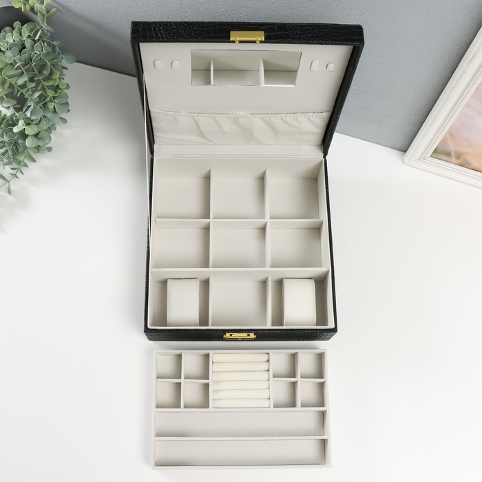 Шкатулка кожзам под часы 2 отделения и бижутерию  Шкатулка кожзам под часы 2 отделения и бижутерию "Кожа крокодила" чёрная 26х26,5х10 см