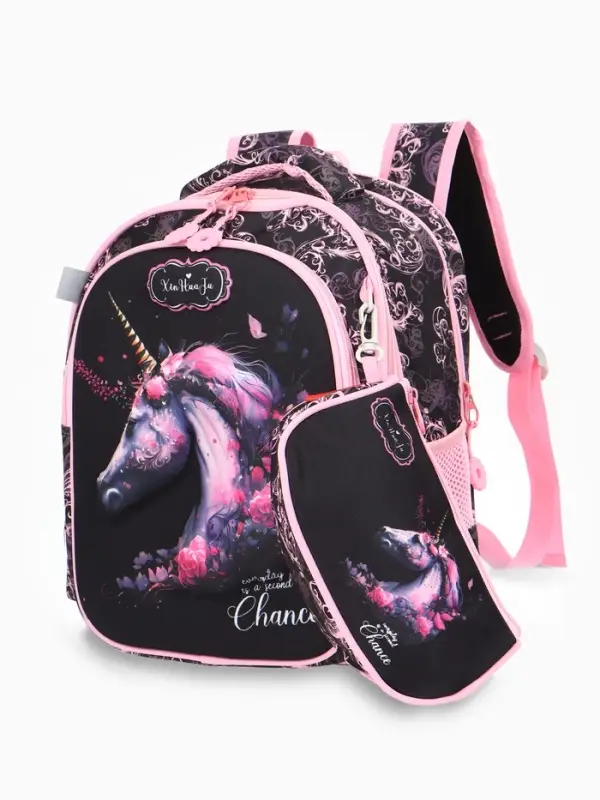 Рюкзак школьный для девочки &laquo;Единорог&raquo;, эргономичная спинка, с пеналом, чёрный
