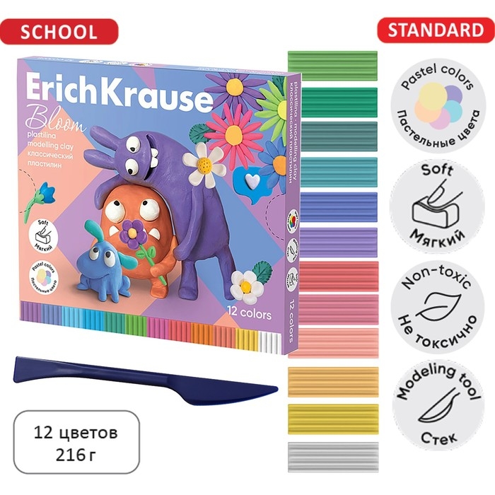 Пластилин 12 цветов, 216 г, ErichKrause Пластилин 12 цветов, 216 г, ErichKrause "Jolly Friends Pastel Bloom", со стеком, в картонной упаковке