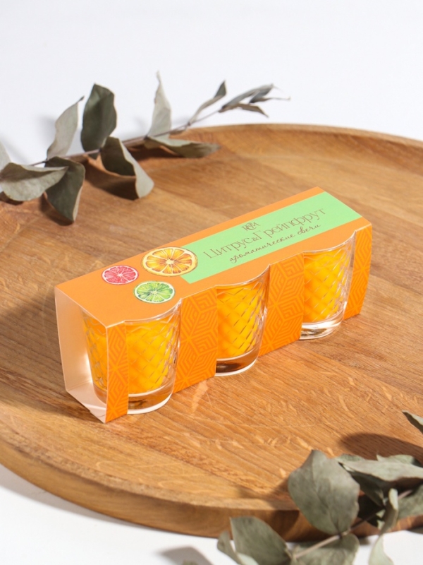 Свеча ароматическая в стакане (набор 3 шт) по 50 мл, 10 ч, 32 гр, ЦИТРУС-ГРЕЙПФРУТ