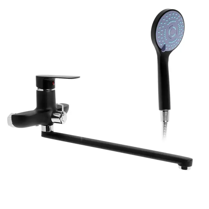 Смеситель для ванны ZEIN Z2493, излив 35 см, картридж 35 мм, с душ набором, черный/хром Смеситель для ванны ZEIN Z2493, излив 35 см, картридж 35 мм, с душ набором, черный/хром