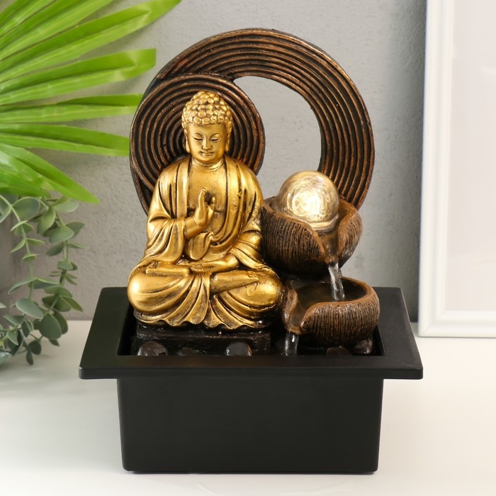 Фонтан настольный от сети, подсветка  Фонтан настольный от сети, подсветка "Золотой Будда у фонтана с кольцами" 21х17,5х26 см