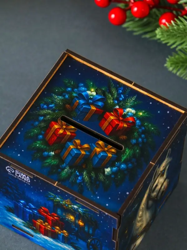 Новогодняя копилка куб "Богатства в дом" 10х10х10 см (набор 7 деталей)