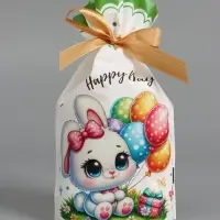 Пакет  полиэтиленовый подарочный "Заяц с цветами", с завязками, 15х23&plusmn;1 см