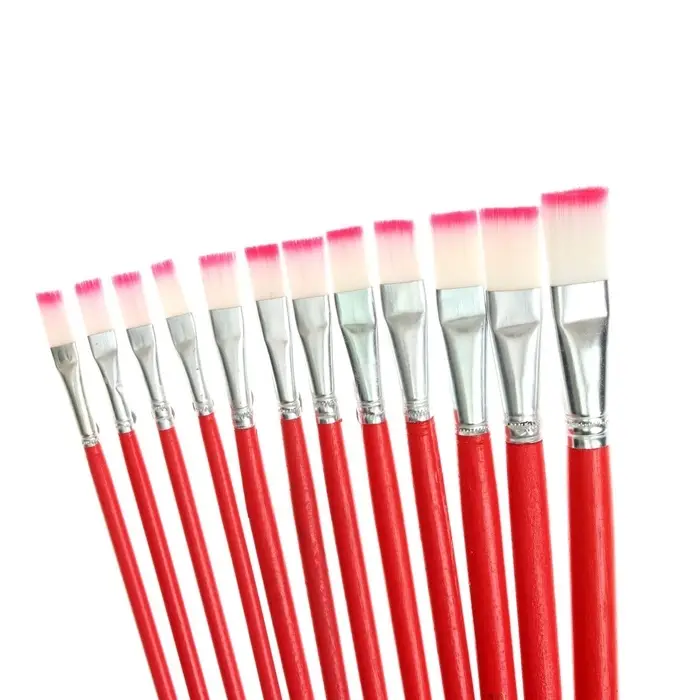 Набор кистей для рисования, нейлон, 12 штук: №1, 2, 3, 4, 5, 6, 7, 8, 9, 10, 11, 12, плоские, деревянная ручка, международный размер