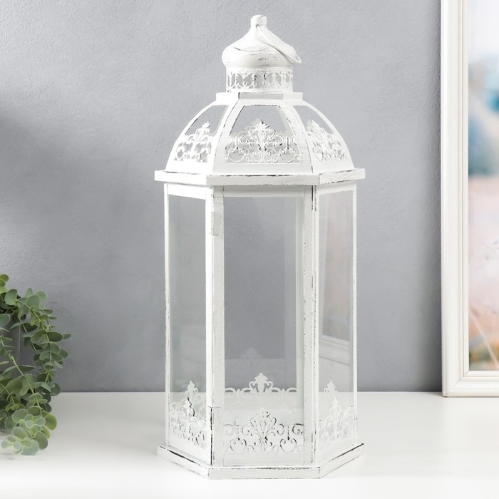 Подсвечник металл, стекло Подсвечник металл, стекло "Фонарь - ажурная башня" н-р 3 шт d-8, 13, 16 см белый 48х23 см