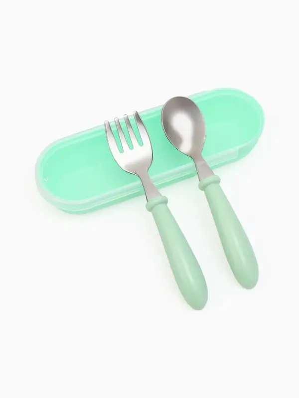 Набор детских столовых приборов в футляре: вилка, ложка Крошка Я бирюзовый Набор детских столовых приборов в футляре: вилка, ложка Крошка Я бирюзовый