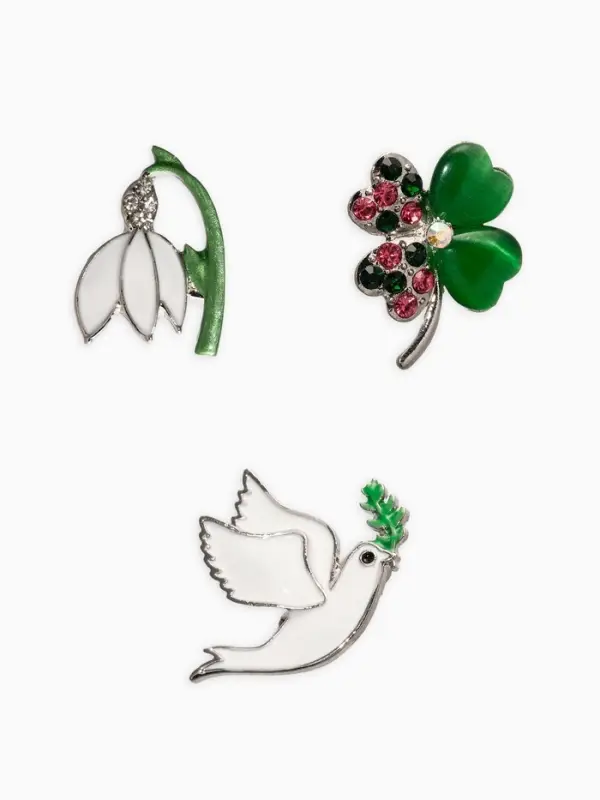 Броши &laquo;Голубь, клевер, подснежник&raquo;, набор 3 шт. разноцветный в серебре