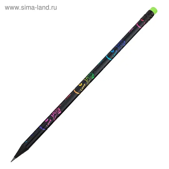 Карандаш простой, чернографитный с ластиком, твёрдость НВ, корпус чёрный с цветным узором Карандаш простой, чернографитный с ластиком, твёрдость НВ, корпус чёрный с цветным узором