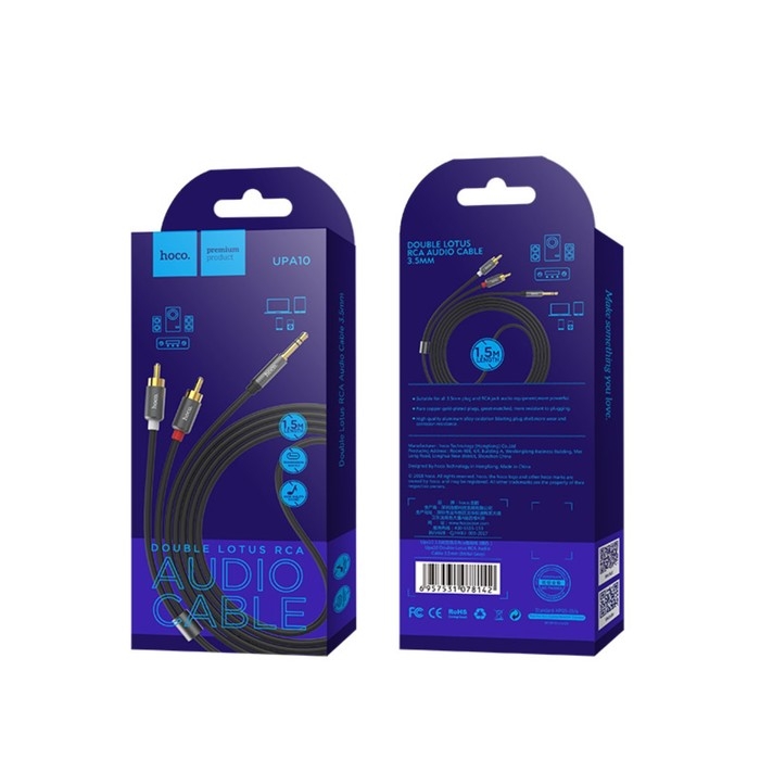 Аудио кабель Hoco UPA10, 2xRCA - jack 3.5mm, 1,5 м, серый Аудио кабель Hoco UPA10, 2xRCA - jack 3.5mm, 1,5 м, серый
