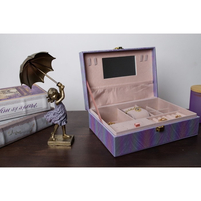 Шкатулка кожзам для украшений  Шкатулка кожзам для украшений "Полосы.Текстура" сирень перламутр 7,5х22х15 см
