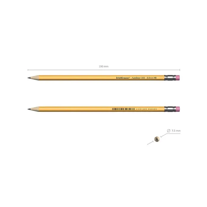 Карандаш чернографитный с ластиком ErichKrause Amber 101, НВ, грифель d=2.2 мм, дерево, шестигранный в тубусе Карандаш чернографитный с ластиком ErichKrause Amber 101, НВ, грифель d=2.2 мм, дерево, шестигранный в тубусе