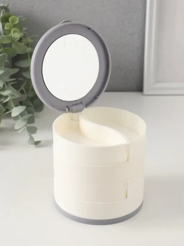 Шкатулка - органайзер для хранения украшений &laquo;Круглая. 4 уровня&raquo;, пластик, зеркало, белая, 10&times;10&times;10 см