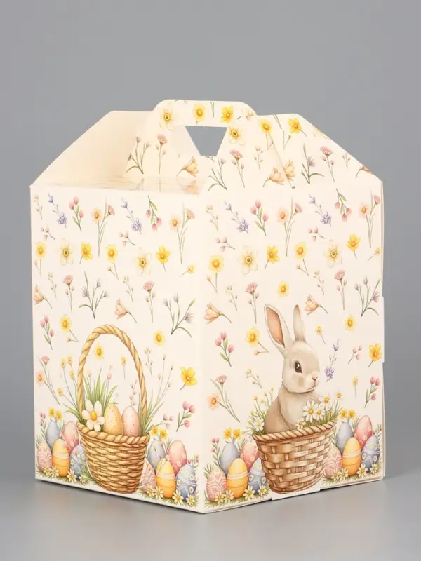 Коробка подарочная пасхальная с окном, с фронтальной загрузкой «Кролик в корзинке» 15×15×18 см