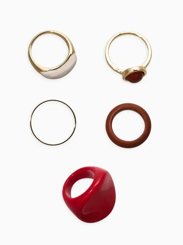 Набор колец 5 шт "Новый стиль" овал с деревом, размер МИКС, цвет красно-белый в золоте