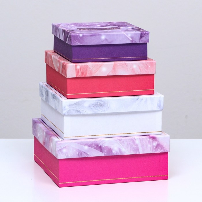 Набор коробок квадратных, 4 в 1 Набор коробок квадратных, 4 в 1 "Перья", 20 х 20 х 8 см- 14 х 14 х 5 см