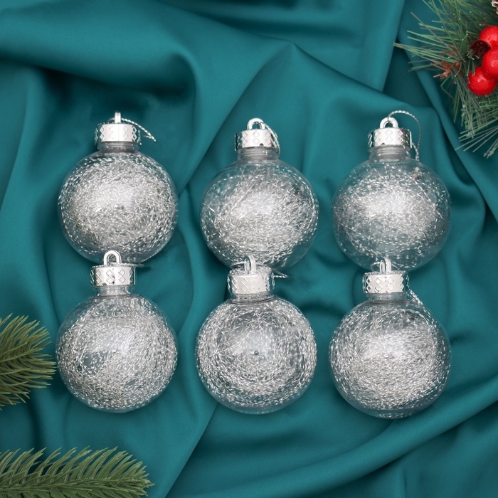 Набор шаров пластик d-6 см, 6 шт Набор шаров пластик d-6 см, 6 шт "Дончо" серебро прозрачный