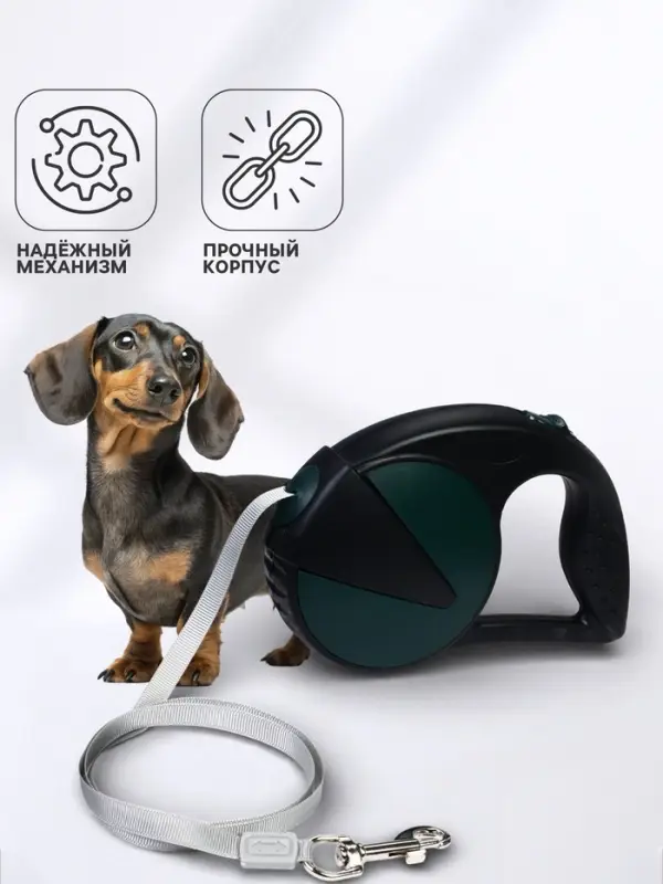 Рулетка - поводок для собак, лента 6 м, чёрная.зелёная