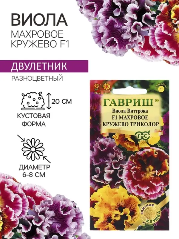 Семена цветов Виола Виттрока &laquo;Махровое кружево&raquo;, триколор, F1, 4 шт., двулетник, &laquo;Гавриш&raquo;