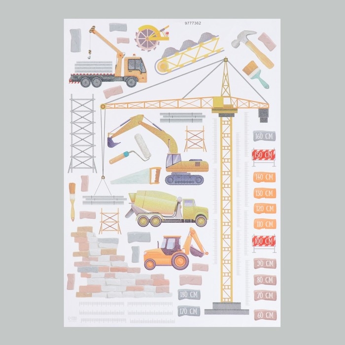 Наклейка интерьерная цветная ростомер  Наклейка интерьерная цветная ростомер "Строительная техника" 50х70 см