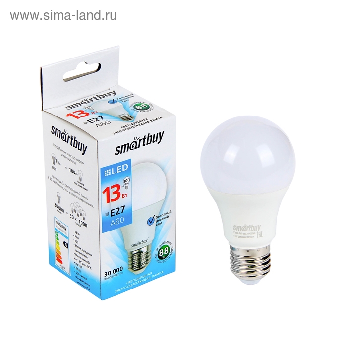 Лампа cветодиодная Smartbuy, E27, A60, 13 Вт, 6000 К, холодный белый свет Лампа cветодиодная Smartbuy, E27, A60, 13 Вт, 6000 К, холодный белый свет